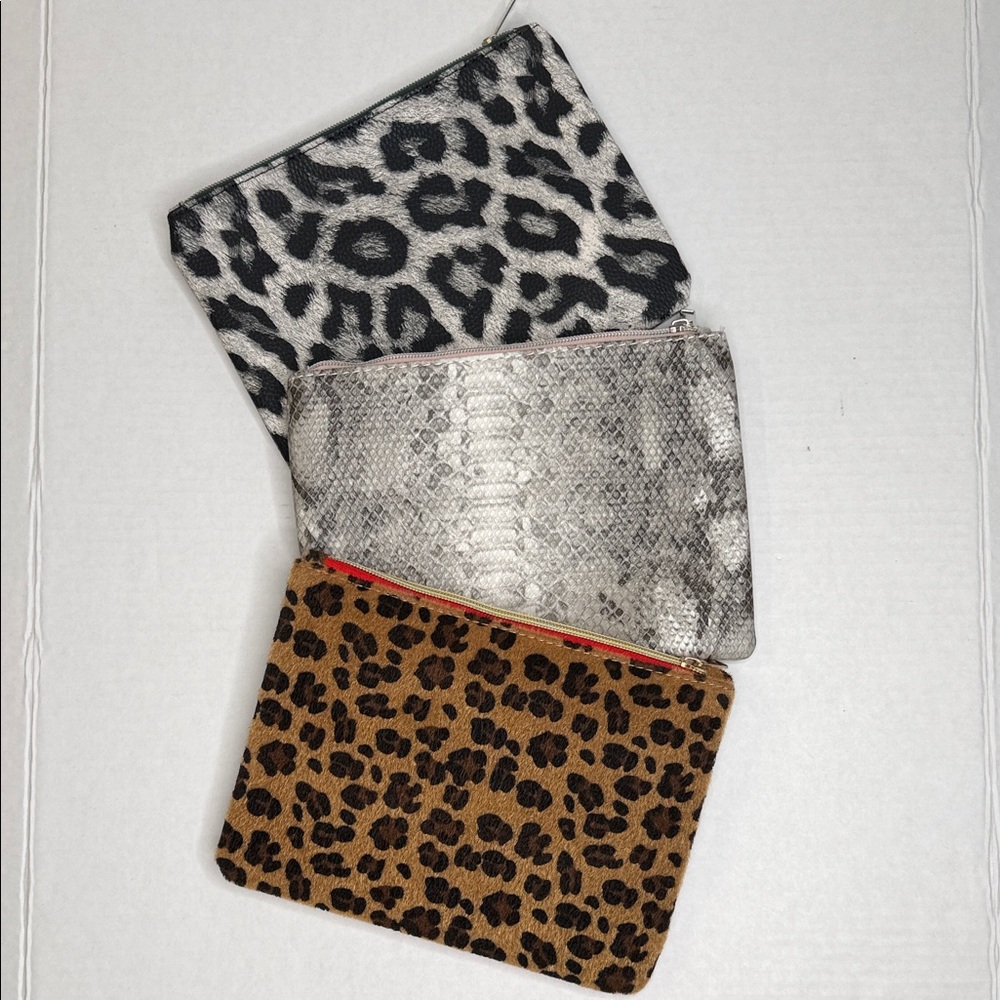 Source Unknown Leopard & Snakeskin Pattern Clutch Trio in Brown, Black, Gray